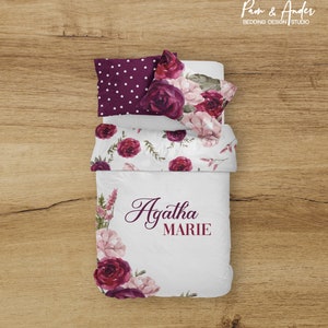 Floral Bedding Set, Girl Bedding, Floral Nursery, Burgundy Floral Bedding, Floral Bedding, Personalized Floral Blanket