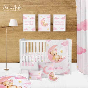 Bear Baby Bedding Set, Bear Nursery Bedding, Personalized Baby Girl Crib Bedding, Moon Bear Nursery Bedding, Pink Crib Bedding, baby bedding
