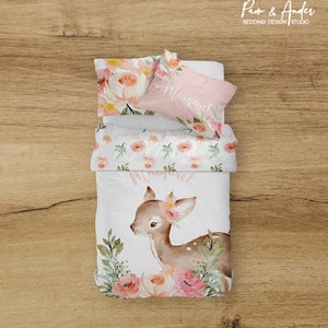 DEER AND FLOWERS personalized bedding set, woodland bedding, girl bedding set, toddlers bedding, bedding, girl bedroom, personalized bedding