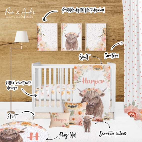 Baby Girl Crib Bedding Set Highland Cow Crib Bedding Farmhouse Nursery Bedding Set Floral Crib Bedding crib Sheets Girl Babybedding Etsy