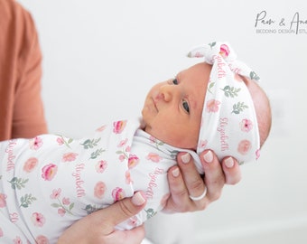 Floral Pink Baby Girl Swaddle Set, Floral Baby Accessories, Personalized Baby Name Swaddle, Baby Girl Headband
