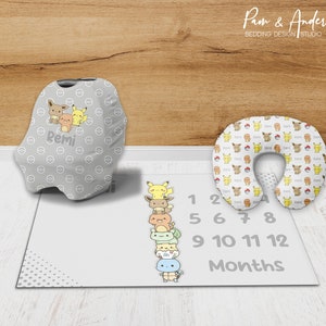 Juego de accesorios Poke Animals, accesorios para bebés, juego de guardería Poke Animals, manta personalizada para bebés Poke, gris