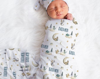 DRAGON Baby Boy Swaddle Set, Fantasy Baby Accesories, Personalized Baby Name Swaddle, Baby Boy Hat