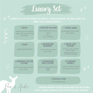Puede incluir: Un gr&aacute;fico verde claro con el texto "Luxury Set" y una lista de art&iacute;culos incluidos en el conjunto. Los art&iacute;culos incluyen una colcha, almohadas decorativas, s&aacute;bana bajera, falda, manta de hito, funda multiusos, funda de almohada de lactancia, funda de cambiador y paneles de cortina. El gr&aacute;fico tambi&eacute;n incluye el texto "Pam & Ander" y "Opci&oacute;n de dise&ntilde;o personalizado disponible sin costo adicional, cont&aacute;ctenos si tiene alguna consulta."