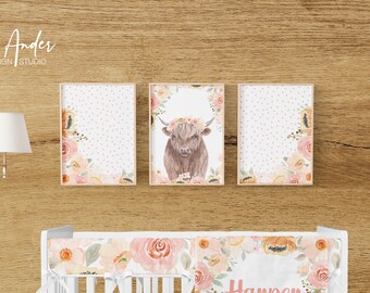 Baby Girl Digital Wall Art, Highland Cow Wall Art, Farmhouse digital art set, Floral wall art
