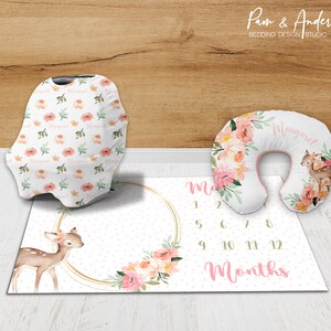 CIERVO Y FLOR Manta de hito para bebés, regalo personalizado de baby shower, regalo de niña del bosque, funda de almohada de lactancia, regalo para recién nacidos