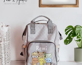 Pokemon Gray Baby Diaper Backpack | Personalized Diaper Bag, Baby Shower Gift, Mom To Be Gift, Pokemon Diaper Bag, Anime Diaper bag