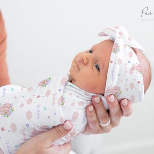 Conjunto de arrullo para bebé de GLOBO AEROSTÁTICO, Accesorios para bebé lila y rosa, Arrullo personalizado con nombre de bebé, Diadema para bebé niña