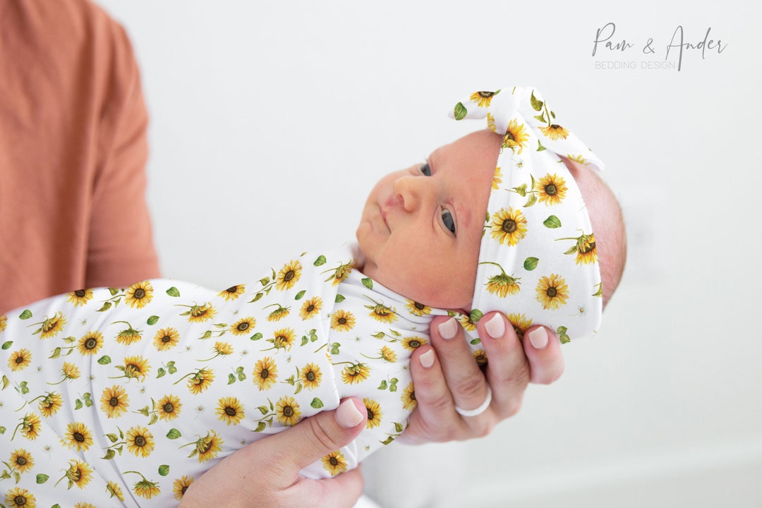 SUNFLOWER Baby Girl Swaddle Set, Floral Baby Accesories, Personalized