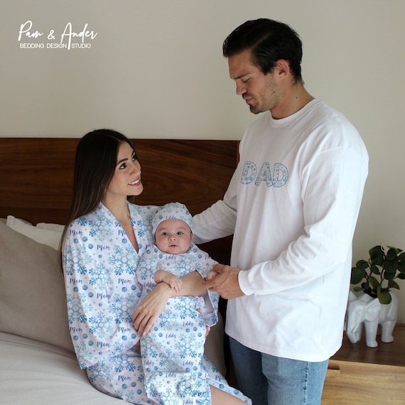 SNOWFLAKES Christmas Matching Family Set, Robe & Matching Baby Swaddle, Mom Robe, Family Matching Personalized Set,  Christmas family gift