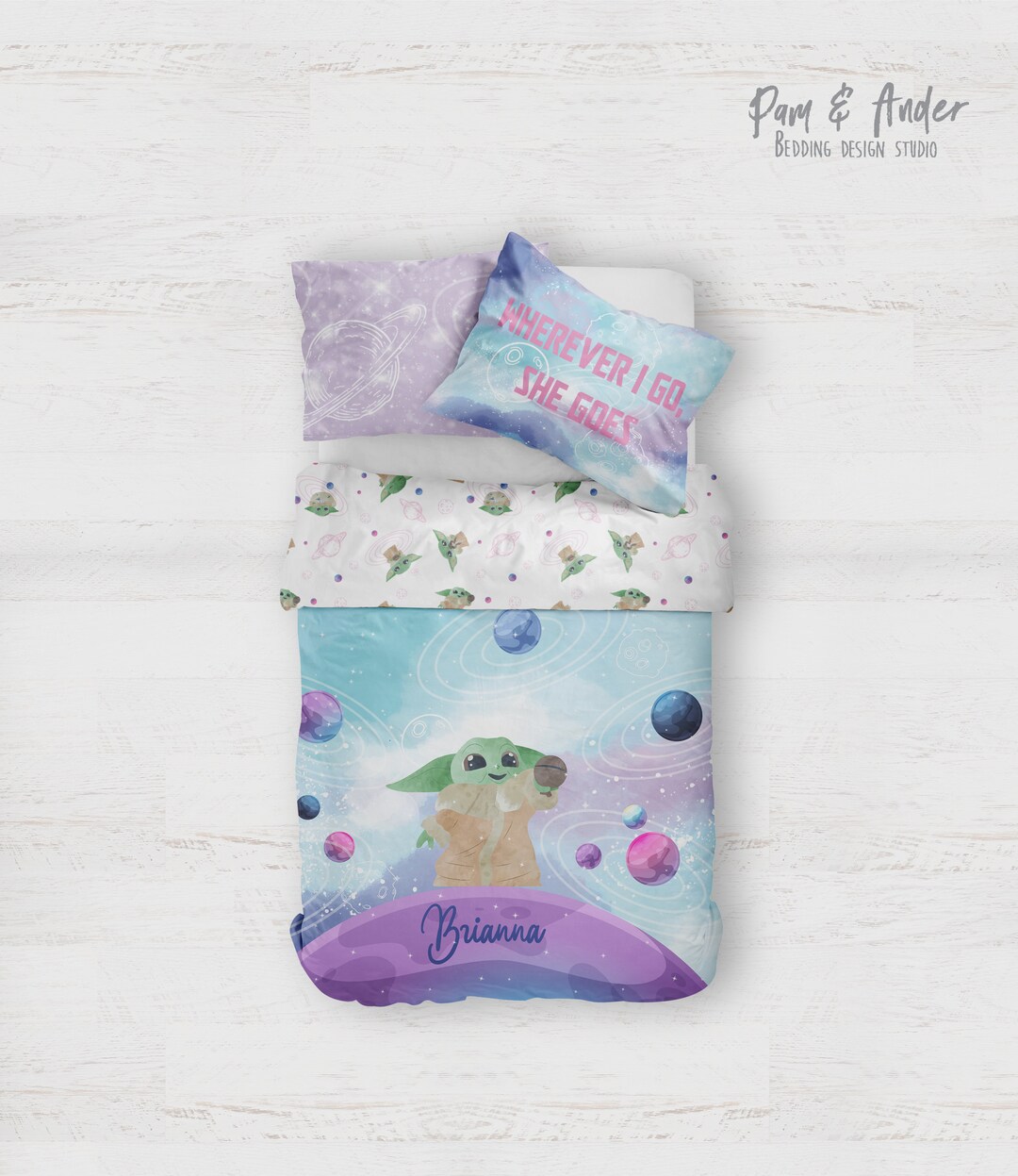 BABY YODA BEDDING for Girl Customized Bed Set, Personalized Gift, Girl