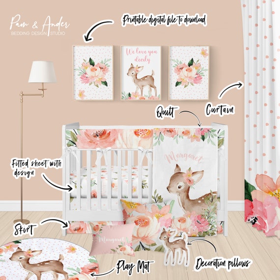 DEER AND FLOWERS Crib Set Baby Girl Bedding Deer Baby Nursery Set Baby Girl Crib Woodland Baby Nursery Personalized Baby Blanket Etsy