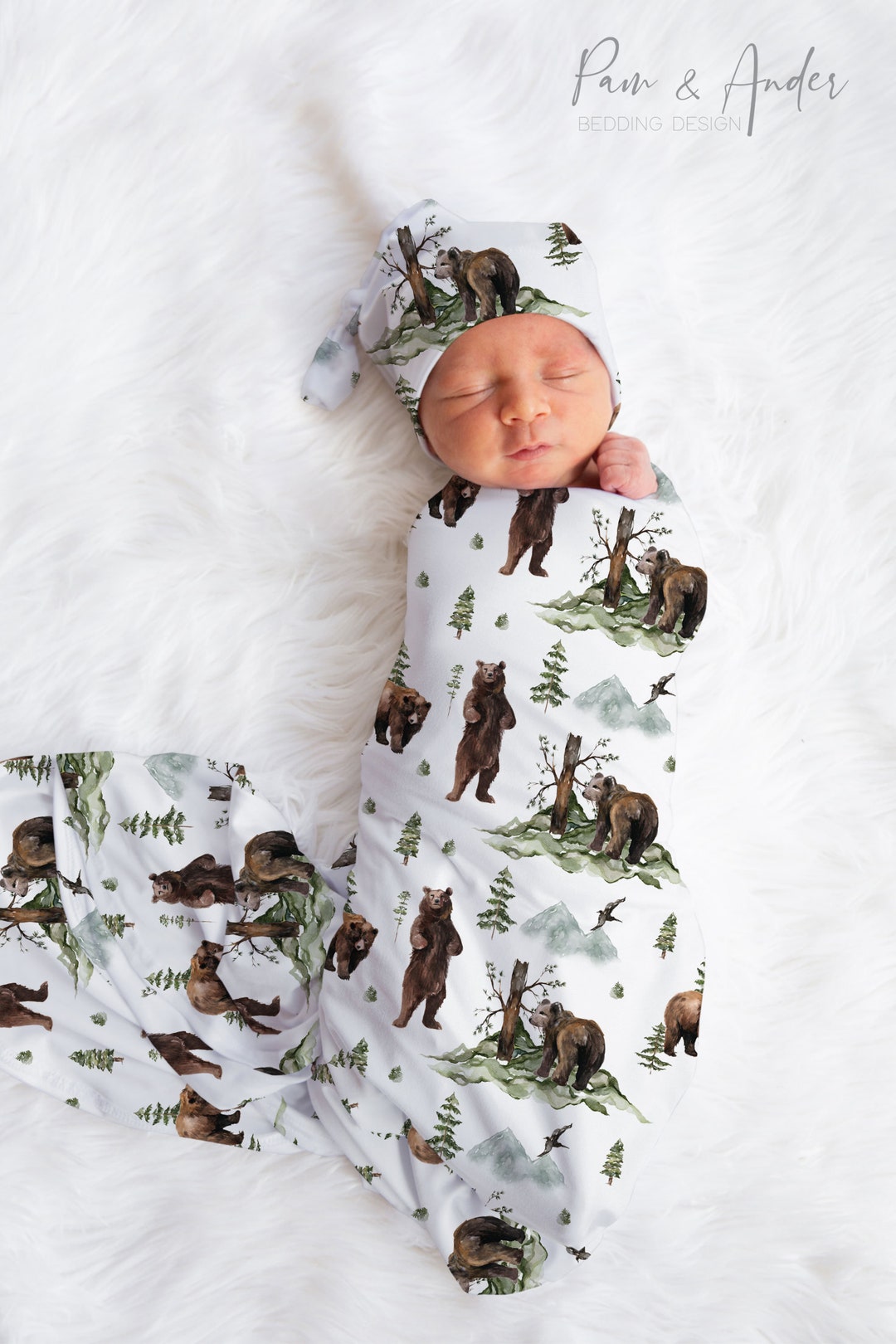 WOODLAND Baby Boy Swaddle Set, Bear Baby Accesories, Personalized Baby