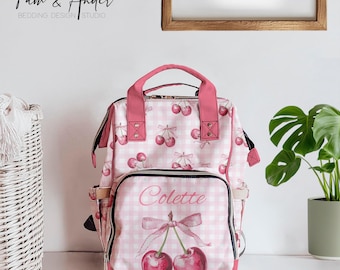 CHERRY AND BOWS Baby Diaper bag, Personalized Baby and Toddler Diaper Bag, Baby Backpack, Baby Shower Gift, Girly Pink Diaper Bag