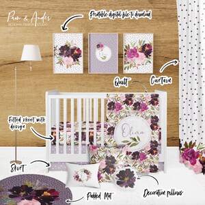 May include: A nursery bedding set with a floral design in shades of purple, pink, and green. The set includes a fitted sheet, a quilt, a skirt, a padded mat, and two decorative pillows. The quilt and pillows feature the name "Olivia" in a circle.