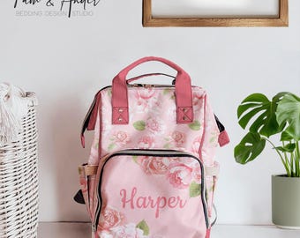 PINK PEONY Baby-Windel-Tasche, personalisierte Blumen-Windel-Rucksack, Baby-Tasche, Baby-Mädchen-Geschenk, Baby-Dusche-Geschenk, neues Elternwesentich