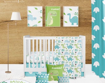 May include: A nursery set with a white crib, dinosaur-themed bedding, and matching wall art. The set includes a rug, pillows, and curtains with dinosaur and leaf patterns in shades of blue, green, and white. The wall art features dinosaur illustrations.