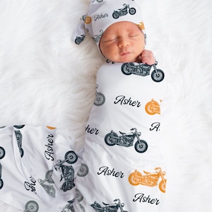 Conjunto de pañales para bebé con diseño de motocicleta, accesorios para bebé con diseño de motocicleta, pañales personalizados con nombre para bebé, gorro para bebé niño