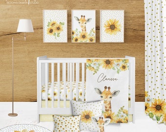 SUNFLOWER BABY BEDDING set, giraffe crib bedding, baby gift, Sunflower customized baby blanket, baby bedding