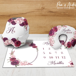 Conjunto de accesorios florales para bebé, Accesorios para niñas, Vivero floral, Accesorios florales burdeos, Bebé floral, Manta floral personalizada para bebé