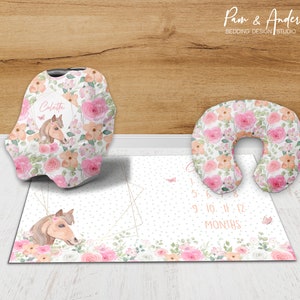 Manta de bebé de caballo, Conjunto de accesorios para bebé, Cuarto de bebé de niña de caballo, Almohada de lactancia floral, Cuarto de bebé de niña occidental, Accesorios de bebé de caballo