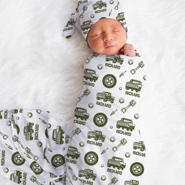 TRUCK Baby Boy Swaddle Set, Super Baby Accesories, Personalized Baby Name Swaddle, Baby Boy Hat