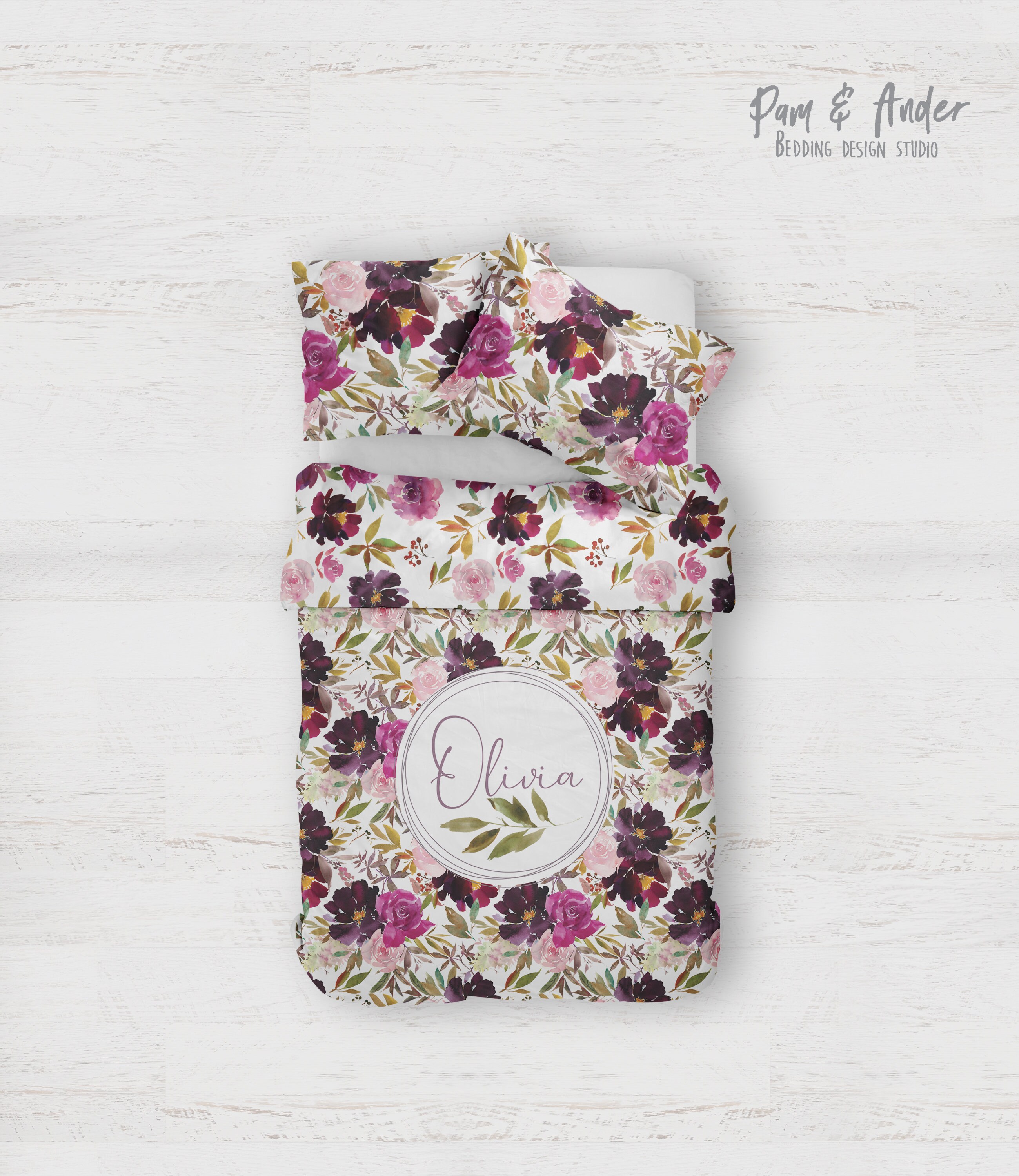 FLORAL BEDDING SET, watercolor floral nursery, purple nursery, mauve toddler bedding, personalized bedding
