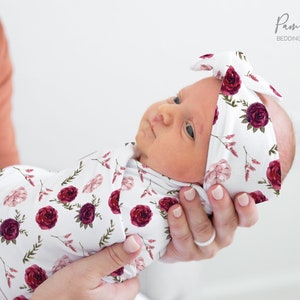 Conjunto de pañales para bebé niña FLORAL, accesorios para bebé color burdeos, pañales personalizados con nombre para bebé, diadema para niña