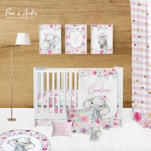 FLORAL crib bedding set, Floral elephant nursery, Floral baby girl bedding, elephant baby bedding, customizable bedding set, baby bedding