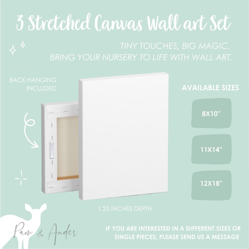 May include: A set of three stretched canvas wall art prints. The canvases are white and have a 1.25 inch depth. The available sizes are 8x10 inches, 11x14 inches, and 12x18 inches. The text "TINY TOUCHES, BIG MAGIC. BRING YOUR NURSERY TO LIFE WITH WALL ART." is displayed above the canvases.