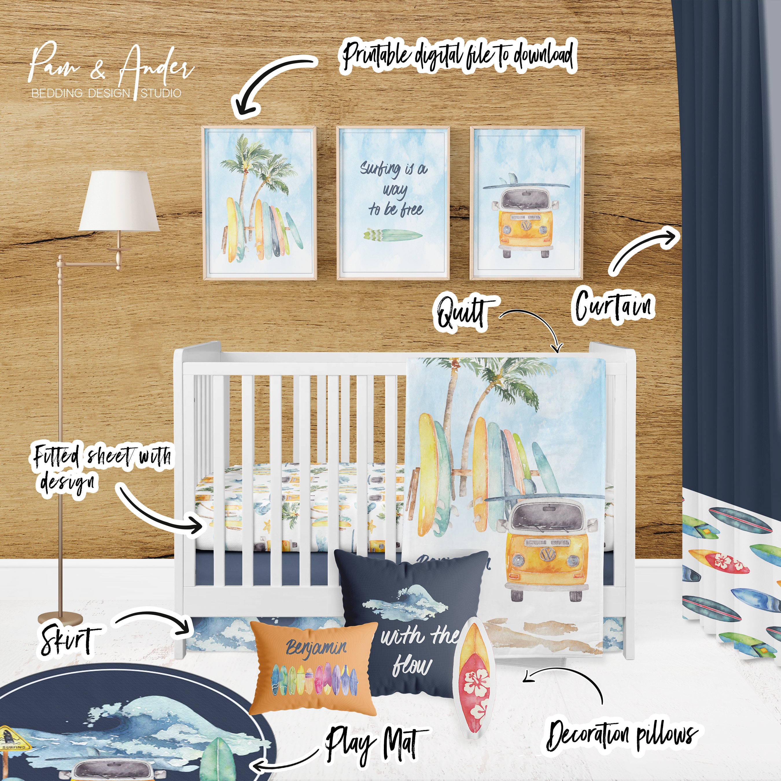 Surf Crib Bedding Set, Surfer Baby Blanket, Personalized Crib Sheet