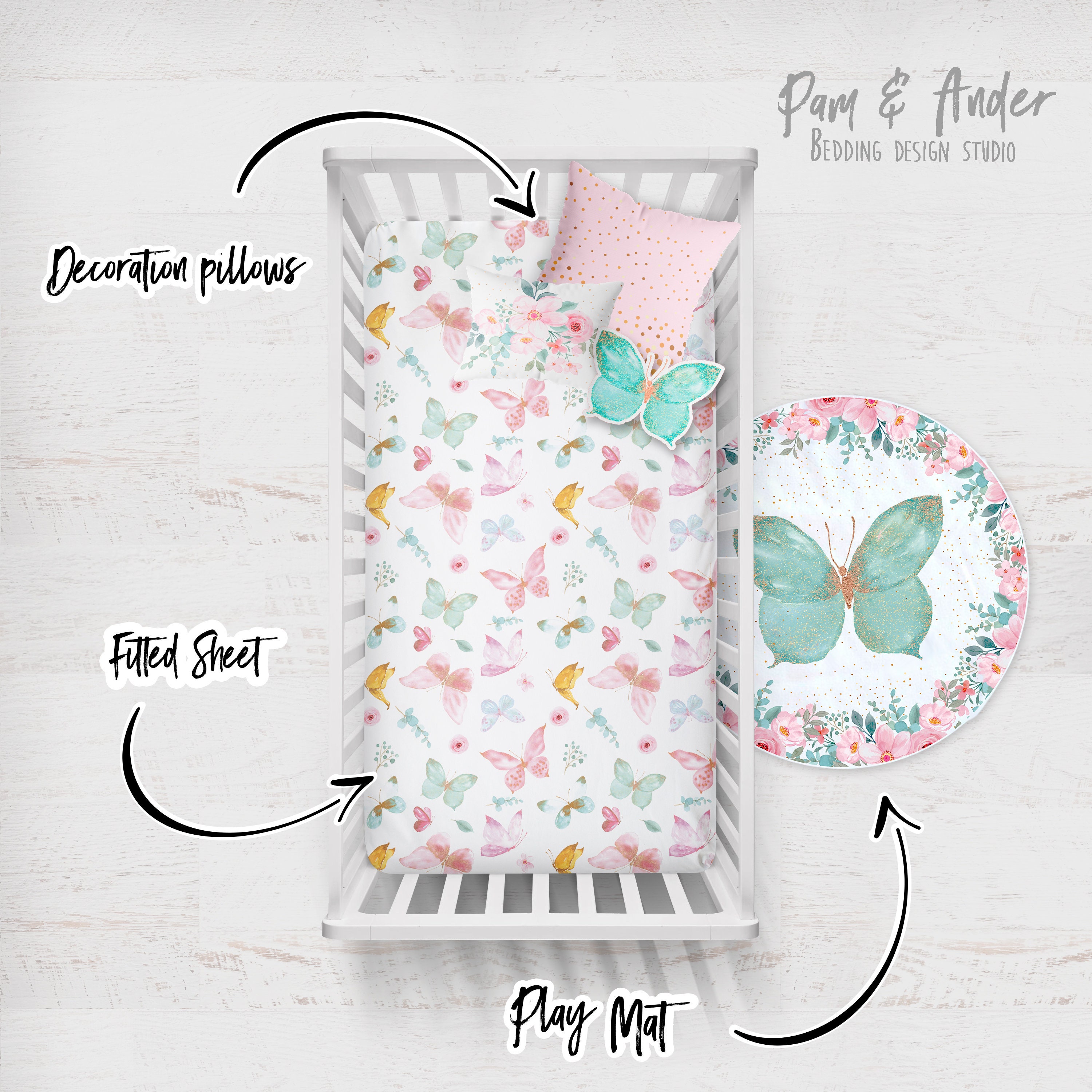 BUTTERFLY CRIB BEDDING Set, Floral Crib Bedding, Butterflies Nursery
