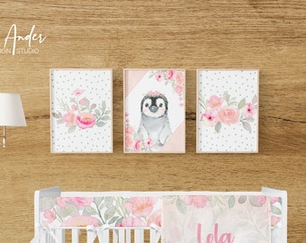Baby Girl Penguin Crib Wall Art Set, Personalized Baby Girl Digital Files, Floral Penguin, Penguin Baby Nursery