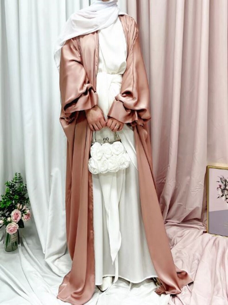 10 Color Options Puff Sleeve Satin Open Abaya Dress For Arab Women