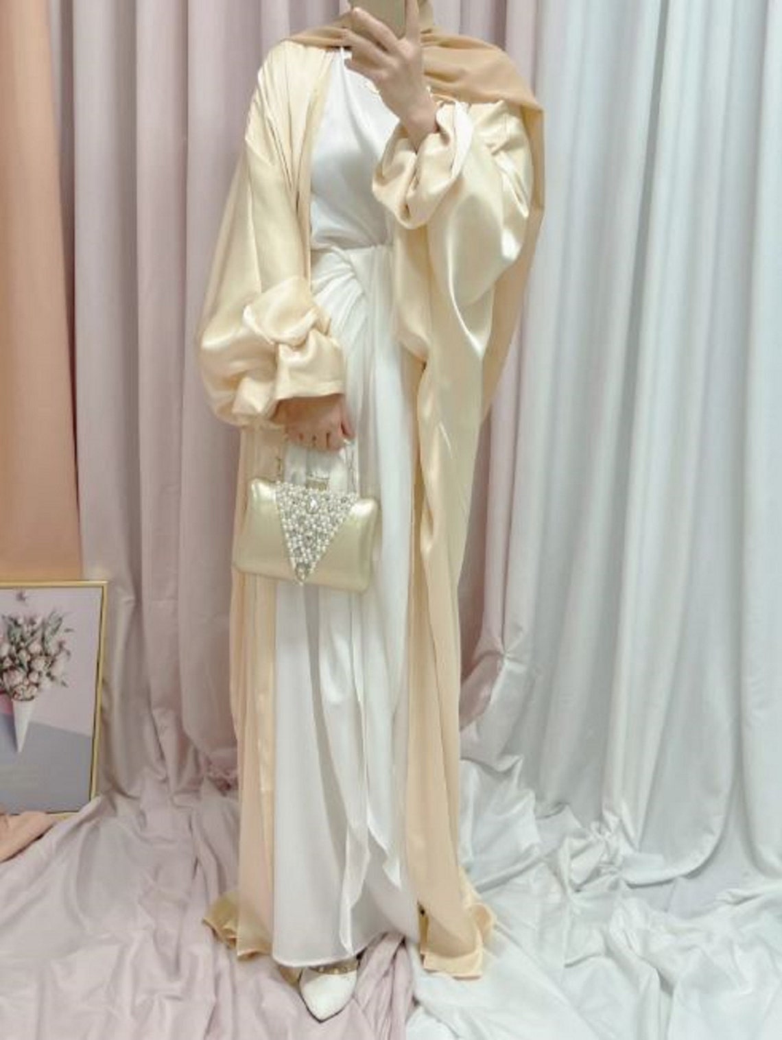 10 Color Options Puff Sleeve Abaya Dress With Pocket