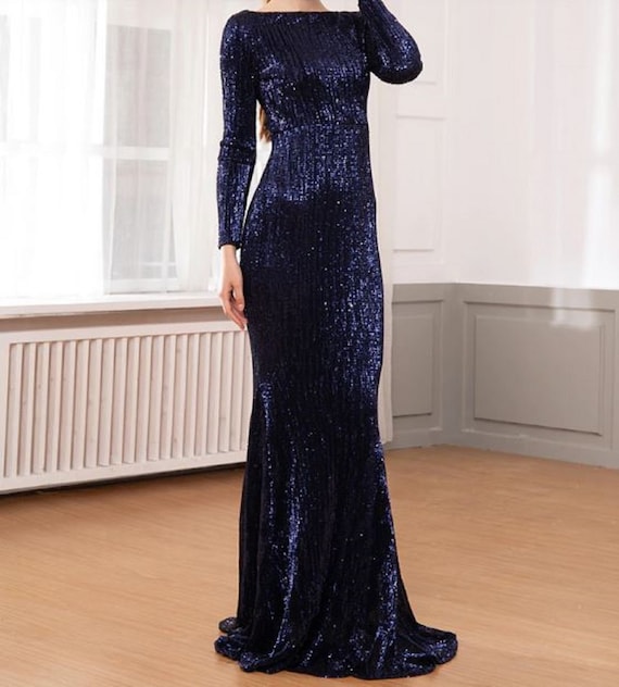 Navy Sequin Embellished Long Sleeve Maxi Dress | SilkFred