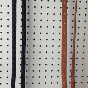 May include: A black rope halter and a brown leather horse rein hang against a white pegboard. The halter has a knot and metal hardware. The leather rein has a buckle and metal hardware.