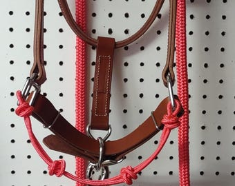 4 Knot Rope Nose Harness Leather Halter with Matching Yacht Lead Rope