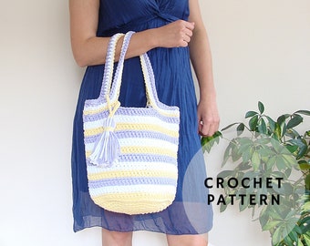 Crochet bag pattern, bucket tote with tassel, easy crochet pattern, striped beach bag pattern
