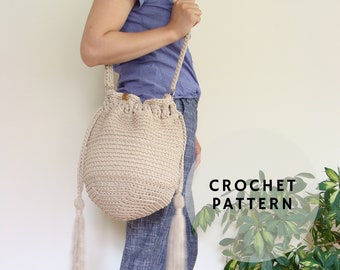 Crochet drawstring bag pattern, boho sack purse pattern, crochet bucket bag pattern, crossbody bag pattern