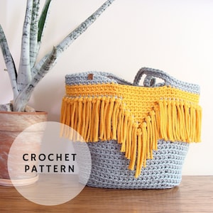 Fringe basket bag pattern, beach bag pattern, geometric crochet bag pattern, basket tote, crochet boho purse pattern