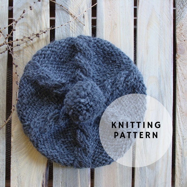 Beret hat knitting pattern, cable knit beret hat pattern, braided tam hat pattern with pompom, PDF instruction