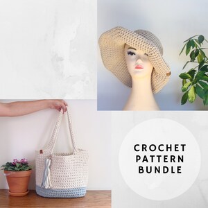 Crochet pattern bundle: Two-tone crochet bag pattern + Wide brim sun hat pattern