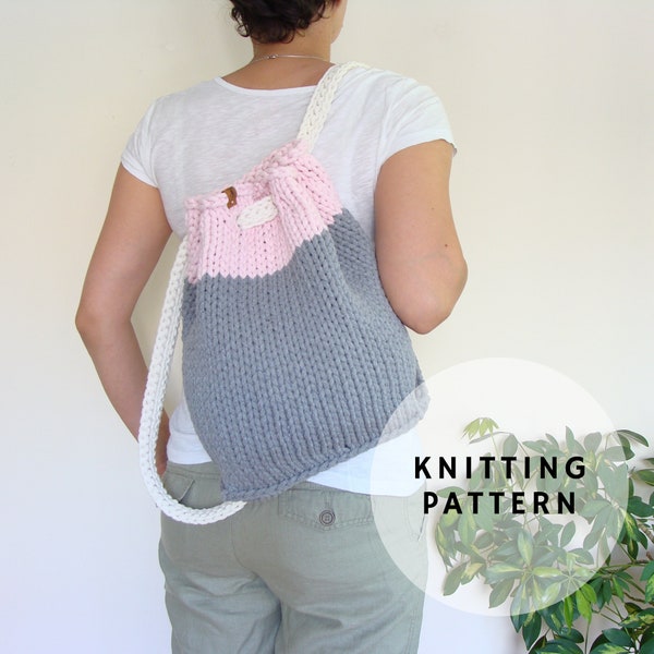 Bucket backpack knitting pattern, unisex knit backpack pattern, drawstring backpack knit pattern, The City Backpack
