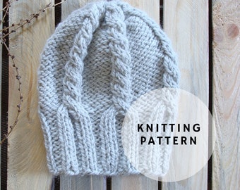 Chunky knit hat pattern, cable knit slouchy beanie pattern, bulky knit toque pattern, braid beanie knitting pattern