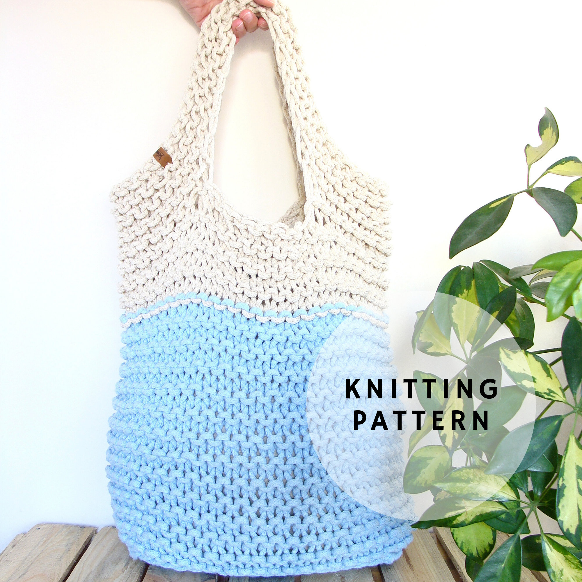 Beige Blue flowers Knitting Tote Bag Purse Lined Inner Pocket