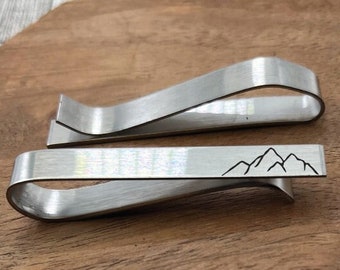 Mountain Tie Clip- Personalized Tie Bar Hiking Stainless Steel Outdoors Personalized Laser Engraved Mountain Gift Camping Mountain Climbing