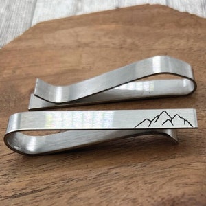 Mountain Tie Clip- Personalized Tie Bar Hiking Stainless Steel Outdoors Personalized Laser Engraved Mountain Gift Camping Mountain Climbing