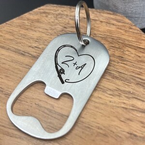 Fishing Pole Initials Bottle Opener- Custom Keychain For Him Stainless Steel Bottle Opener Birthday Personalized Engraved Keyring Gift Fish
