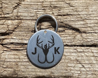 Initials Keychain- Custom Keychain Fishing Hunting Keychain Stainless Steel Personalized Fish Hook Laser Engraved Gift Antlers Deer Fish